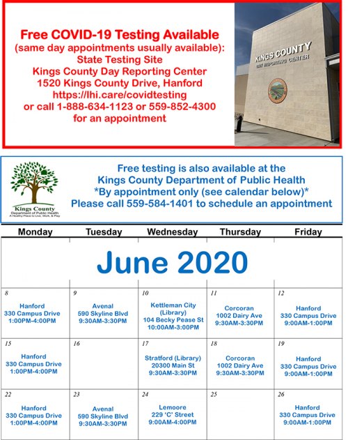 Kings County Health Department begins rotating schedule to provide free COVID-19 tests to residents